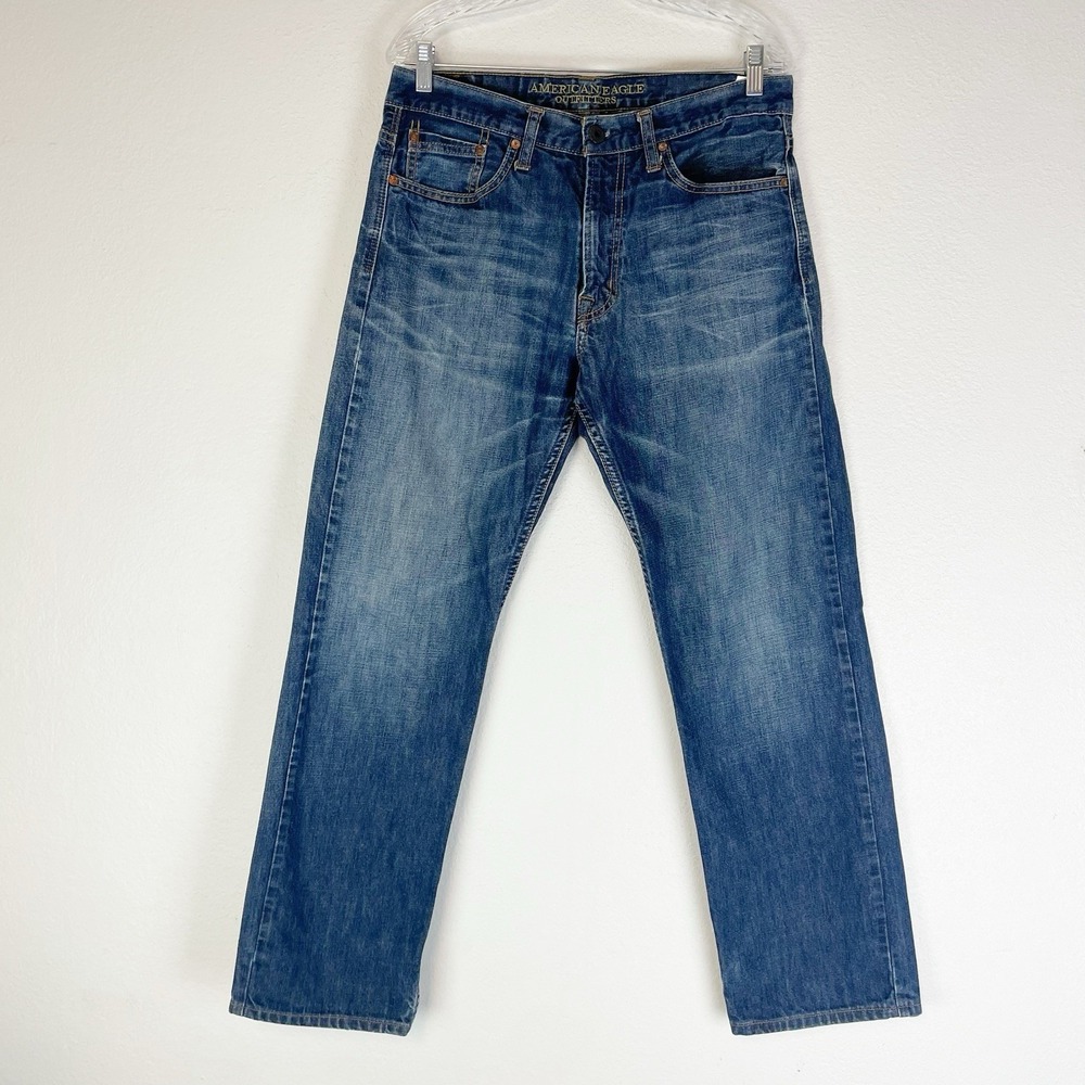 American Eagle Jeans Mens 33x34 (Actual 32x30) Relaxed Straight Dark Blue Denim